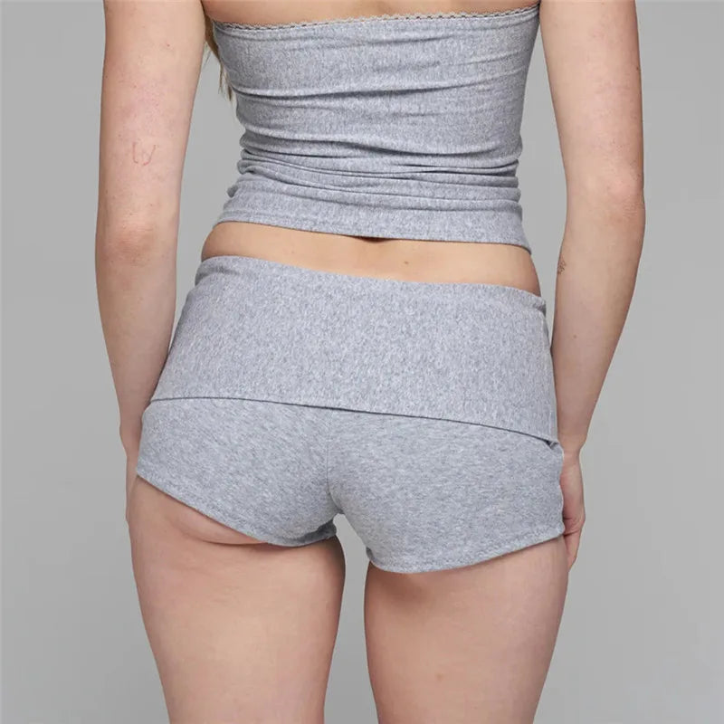 Women's Fold Over Waist Low Rise Yoga Shorts Slim Fit Stretchy Cotton Casual Summer Lounge Shorts for Daily Workout