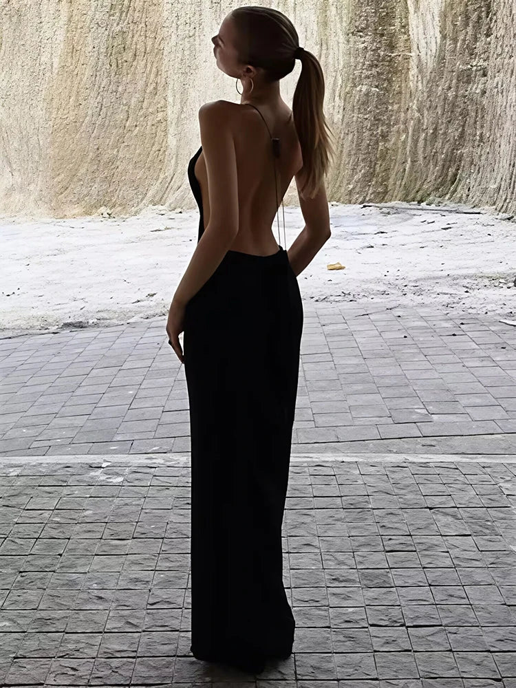 Spaghetti Strap Backless Sexy Maxi Dress Women Elegant Black Sleeveless Draped Bodycon Club Party Long Dress Female