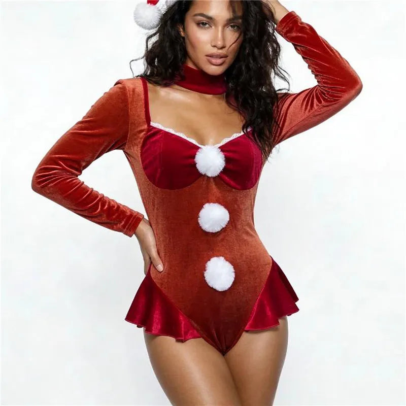 Women Santa Claus Cosplay Outfit Velvet Long Sleeve Backless Bodysuit Pom Pom Decor Ruffle Hem Christmas Party Costume