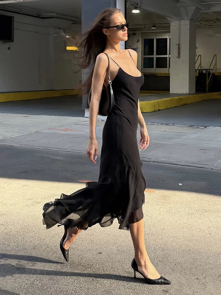 Ruffles Irregular Hem Maxi Dress Women Low-Neck Sleeveless Solid Skinny Simple Classic Summer High Street Vestidos