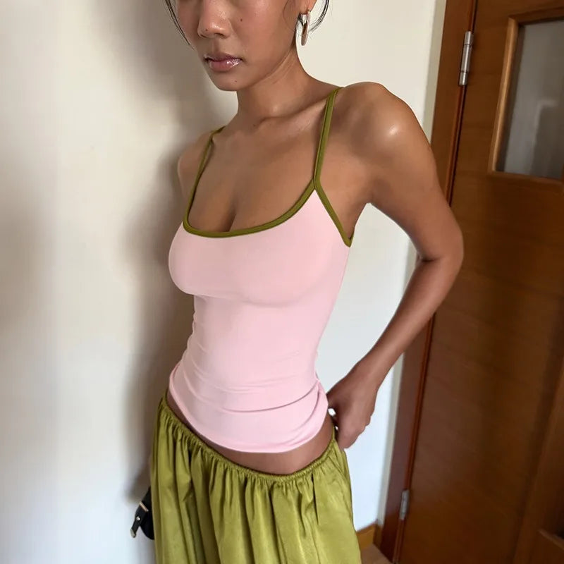 Cute Coords Set for Woman 2 Piece Set Outfit Pink Camisole and Green Wide Leg Pants Y2k Clothes