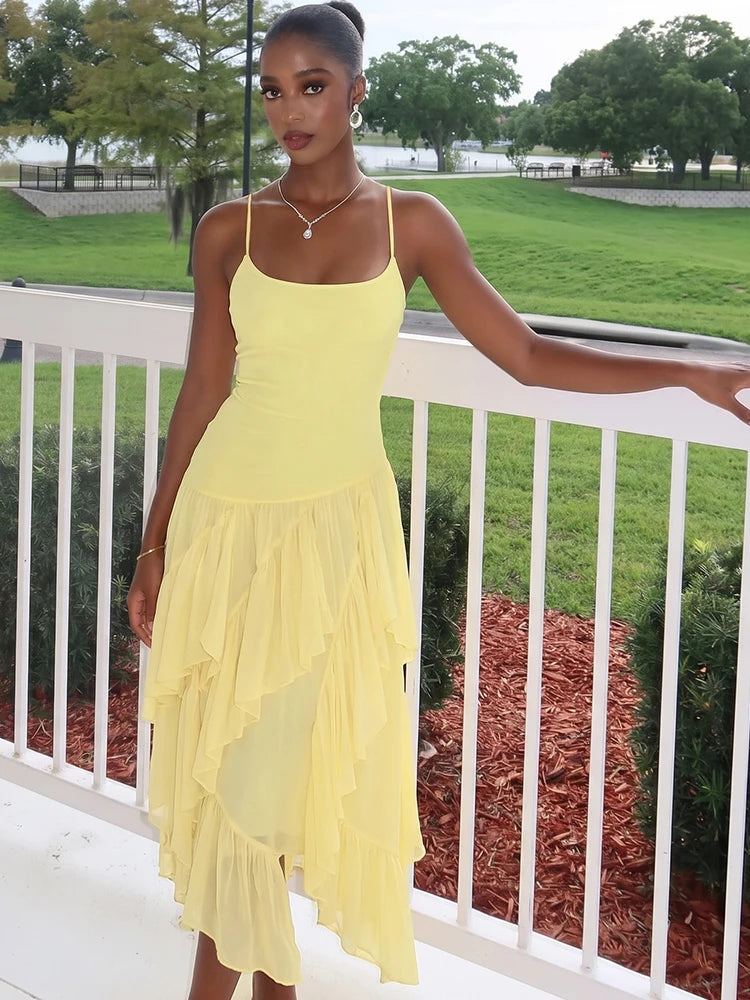 High Street Dress Woman Ruched Elegant Sling Summer Trend Low-Neck Backless Irregular Ruffles Hem Fashion Long Bodycon