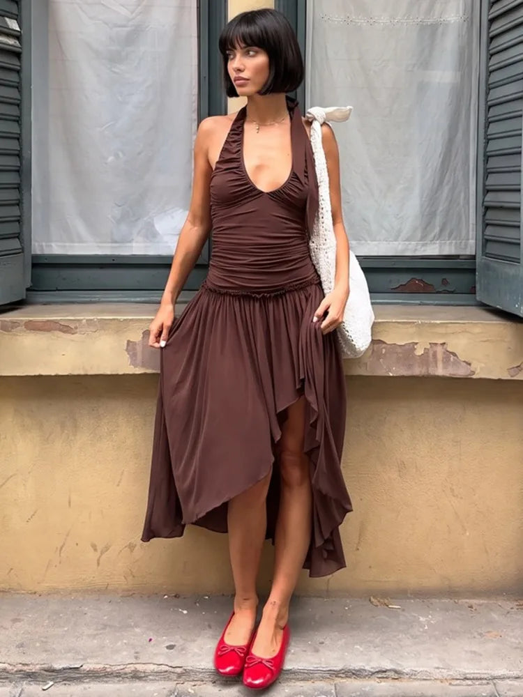 Women Halter Deep V Neck Sexy Midi Dress Ruched Bust Waist Bodycon Long Dress Elegant Club Vacation Party Dress