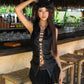 Sexy 2-Piece Set Women Cross Bandage Hollow Lapel Vest+Patchwork Sequin Irregular Folds Tassel Skirt Midnight Suit