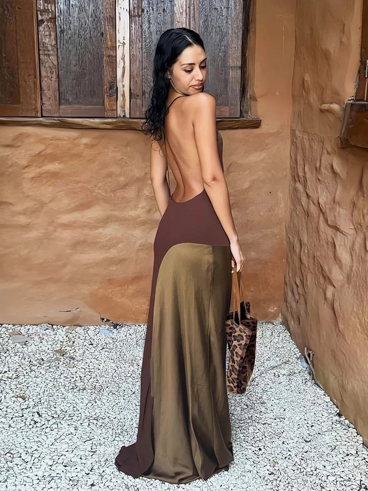 Fashion Backless Dress Women Sexy Bright Silk Patchwork Halter Sleeveless Simple Elegant Vacation Party Club Bodycon