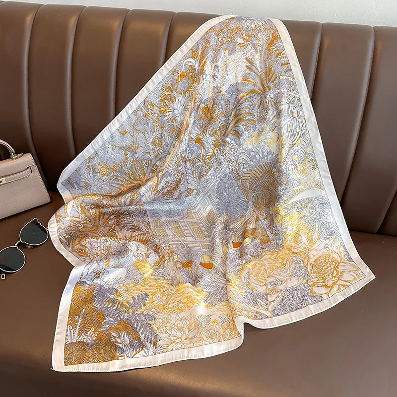 Bohemian Style Floral Print Women’s Square Silk Scarf Satin Head Wrap Tropical Leaf Flower Design Scarves Bandana Hijab