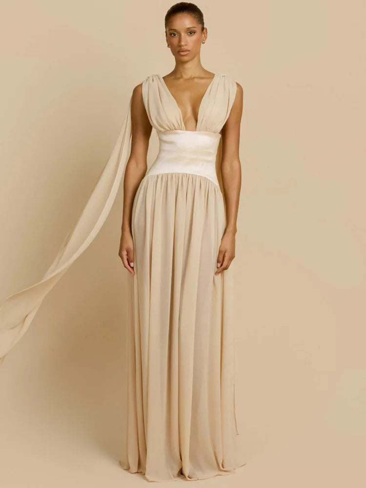 Deep V Neck Backless Sexy Maxi Dress Women Elegant Sleeveless Backless Bodycon Pleated Club Party Long Dress Female