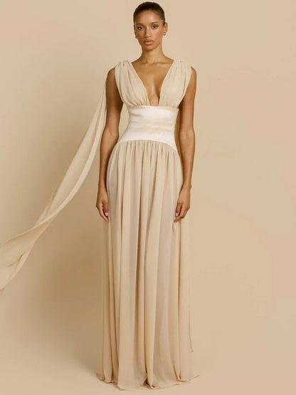 Deep V Neck Backless Sexy Maxi Dress Women Elegant Sleeveless Backless Bodycon Pleated Club Party Long Dress Female