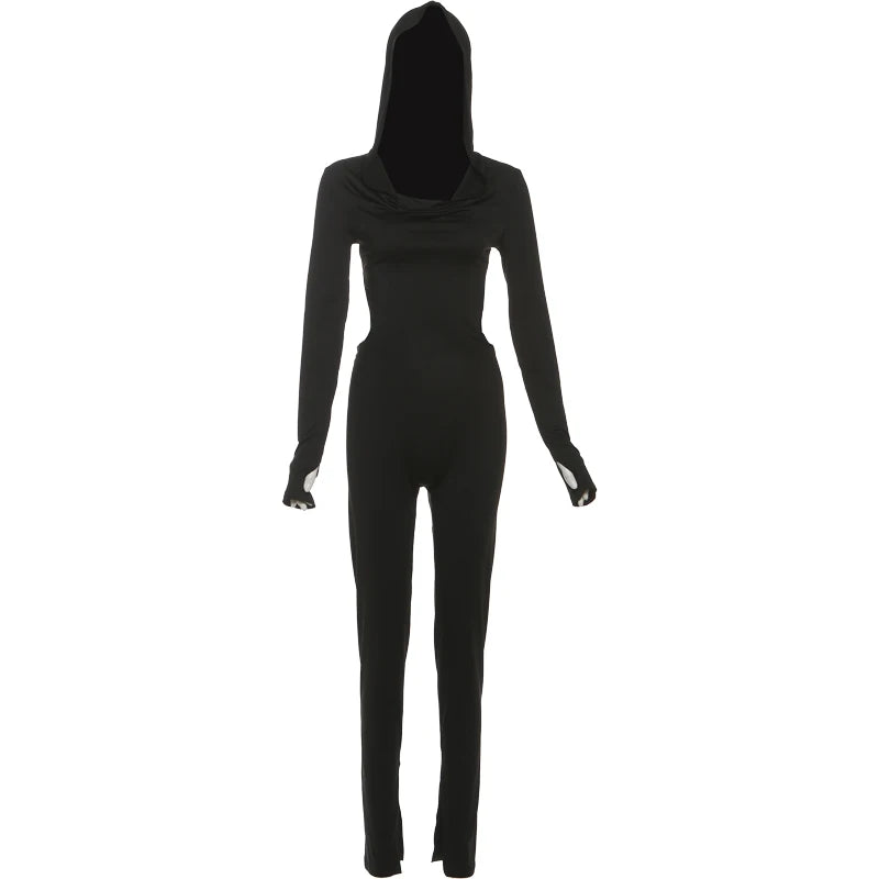 Hooded Backless Jumpsuit Woman Sexy Fitness Waistless Stretch Skinny Midnight  Activity Workout Streetwear Overalls