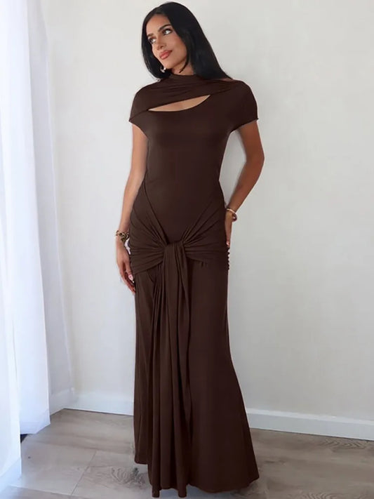 Hollow Out Short Sleeve Sexy Maxi Dress Women Brown Turtleneck Draped Ruched Bodycon Club Party Long Dresses Female