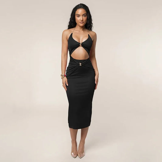 Hardwear Detail Hollow Out Backless Halter Long Dresses for Woman Clothing Sexy Black Dress Club Outfits