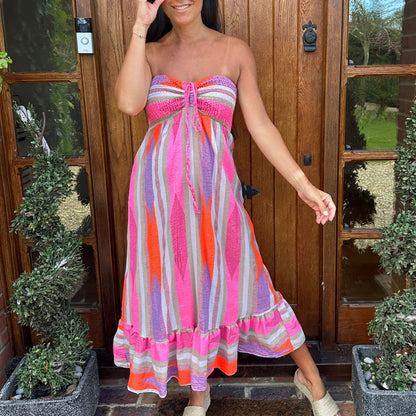 Women's Strapless Long Dress Y2K Vintage Bohemian Sleeveless Drawstring Loose Tube Dress Summer Beach Sun Dress