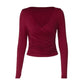 Burgundy Off Shoulder Long Sleeve Top with Wrap-style Neckline Fashion 2026 Fall Shirts Woman Clothing