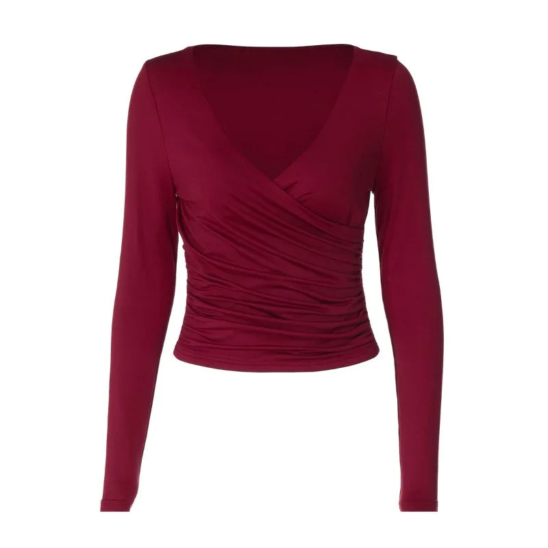 Burgundy Off Shoulder Long Sleeve Top with Wrap-style Neckline Fashion 2026 Fall Shirts Woman Clothing