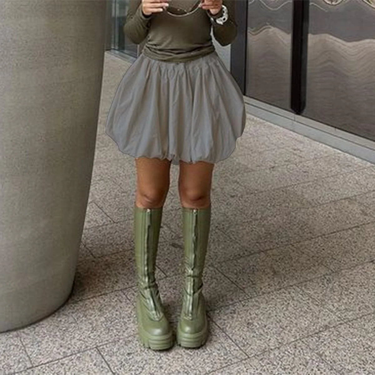 Women Y2K Bubble Skirt Elastic Waist Pleated Ruffle Hem A Line Mini Skirt Girls Cute Short Puffy Balloon Skirt