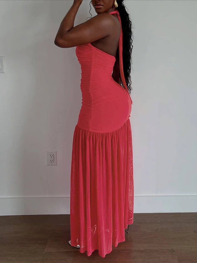 Ruched Halter Dress Women Summer Trend Sleeveless Backless Patchwork Mesh Hem Midnight Clubwear Party Maxi Bodycon