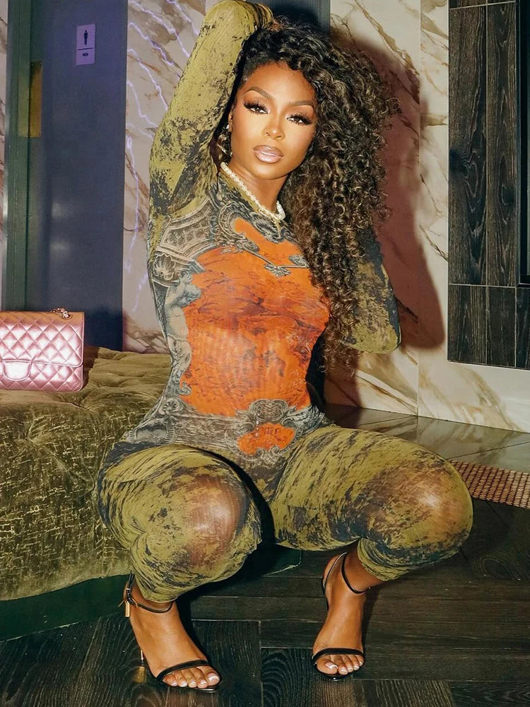 Tie-Dye Print Jumpsuit Women Fitness Stretch Tight Sexy o-Neck Full Sleeve Skinny Streetwear Autumn Zip Slim Overalls