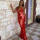 Glitter Sequins Spaghetti Straps Women's Long Maxi Dress Sleeveless Backless High Waist Sexy Evening Birthday Party Gown