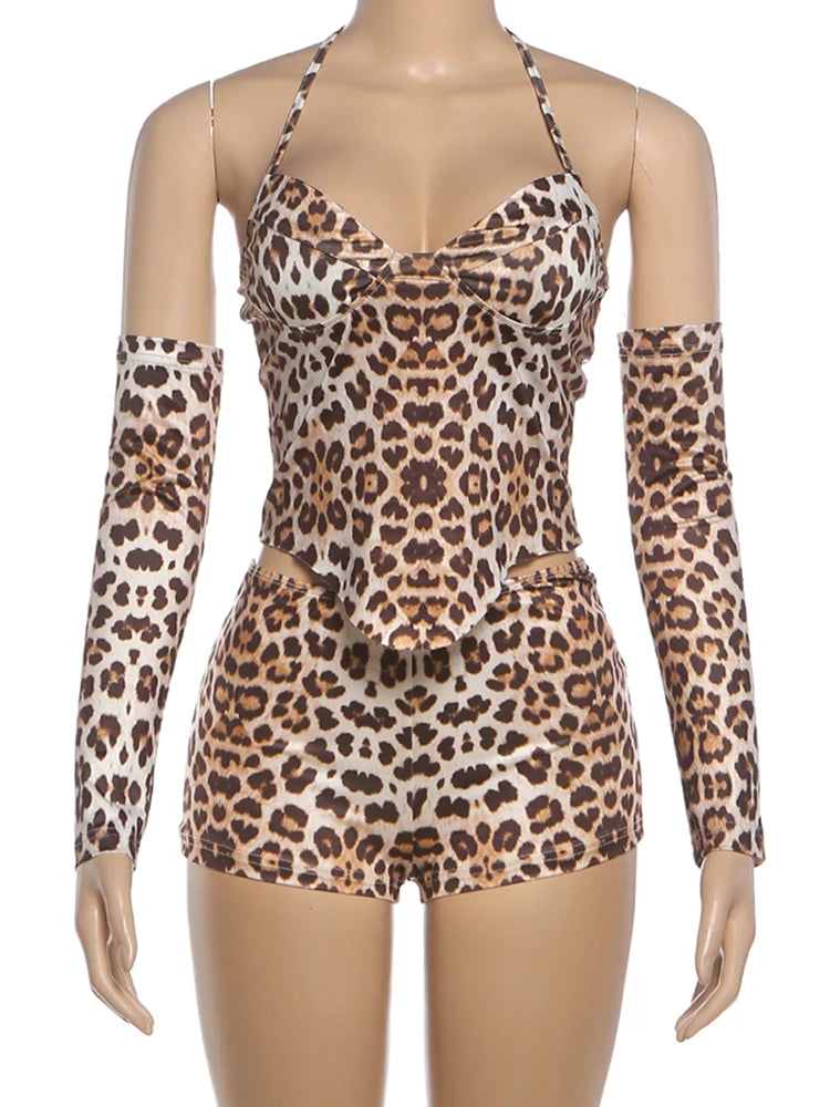 Leopard Print 3-Piece Set Women Arm Sleeve+Low-Neck Halter Bandage Backless Irregular Hem Vests+Simple Shorts Sexy Suits