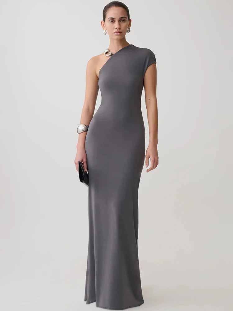 Women One‑Shoulder Metal Ring Decor Sexy Maxi Dress Sleeveless Bodycon Evening Gown Wedding Guest Party Long Dress