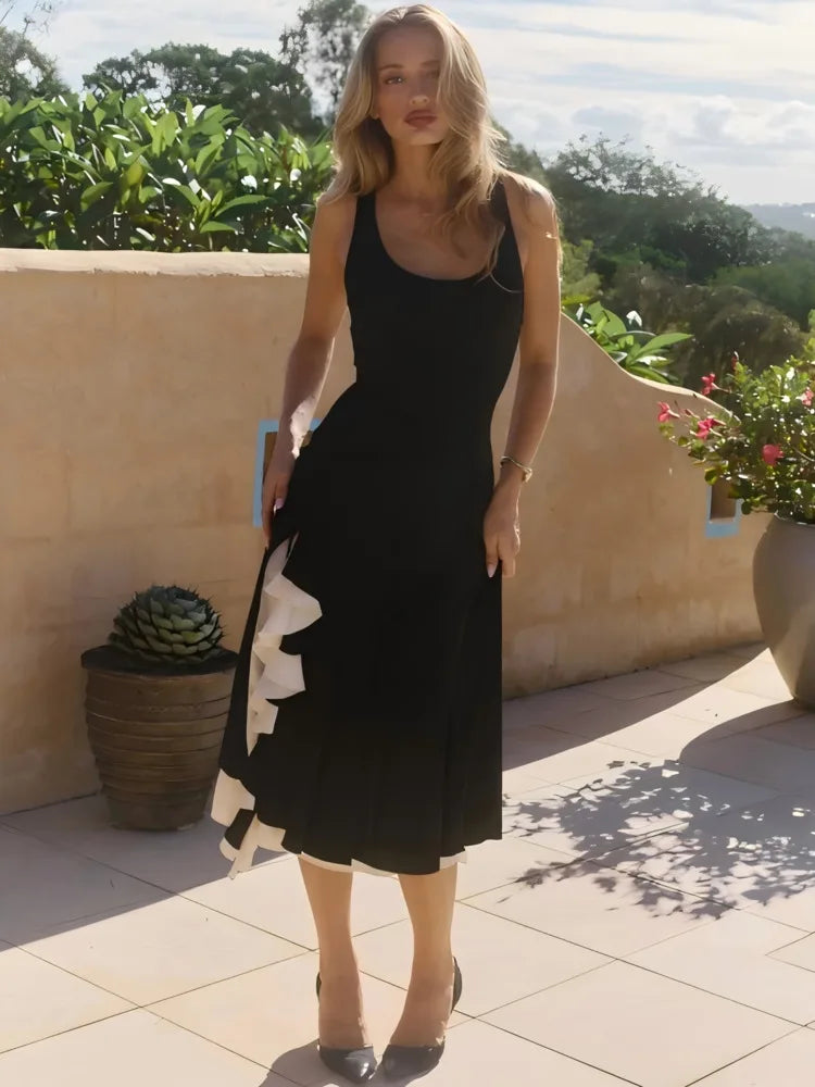 Women Black Sleeveless Midi Dress U Neck Slim Fit Contrast White Ruffle Split Long Dress Elegant Holiday Party Dresses