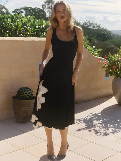 Women Black Sleeveless Midi Dress U Neck Slim Fit Contrast White Ruffle Split Long Dress Elegant Holiday Party Dresses