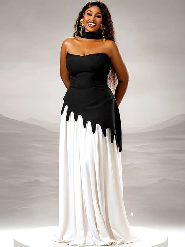 Patchwork Irregular Dress+Scarf Women Summer Elegant Simple Strapless Summer Party Birthday Skinny Slim Maxi Bodycon