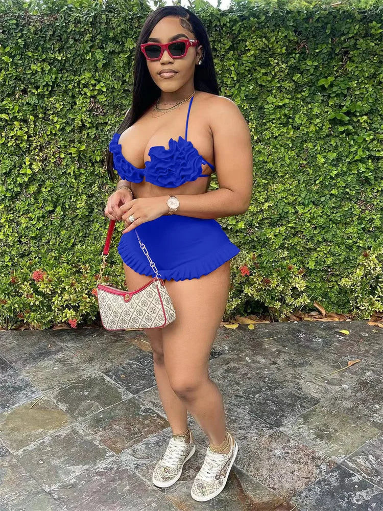 Beach Style 2 Piece Set Women Haltere Backless Ruched Bra+Ruffles Skinny Skirts Vacation Fashion Sexy Hipster Outfits