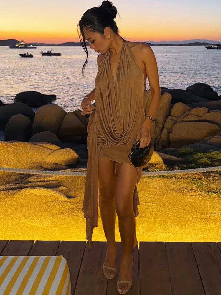 Elegant Ruched Mini Dress Woman Halter Swing Collar Backless Tassel Decoration Midnight Prom Party Fashion Bodycon