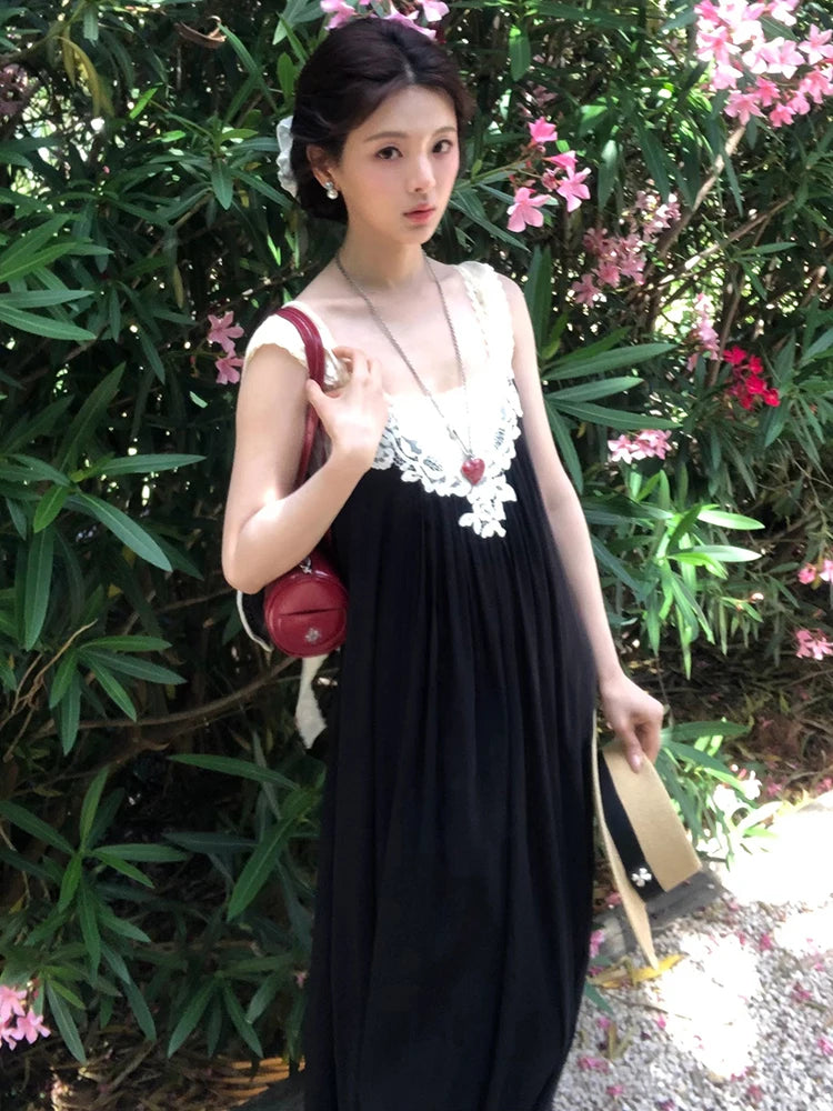 Summer Daily Vacation Patchwork Lace Tassel Maxi Dress Women Folds Loose Sleeveless Backless Fashion Leisure Vestidos