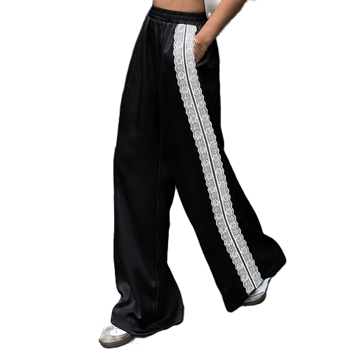 Women Satin Silk Lace Trim Pants Y2k High Street Elastic Waist Wide Leg Pj Lounge Boxer Bottoms Trendy Causal Trousers