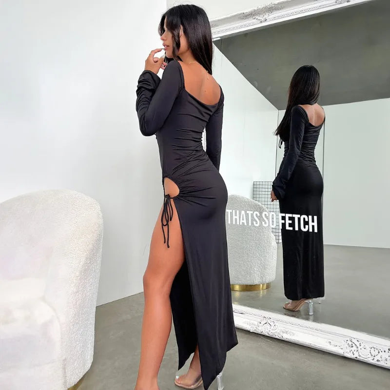 Sexy Side Lace Up Split Dress Black White Square Neck Long Dresses for Women Elegant Party Outfits