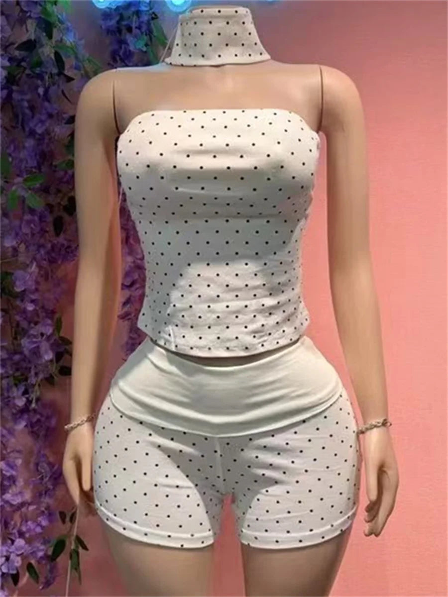 Chic Polka Dot Print 2 Piece Set Women Fashion Halter Tank Top+Patchwork Bike Short Sexy Trend Party Club Streetwear