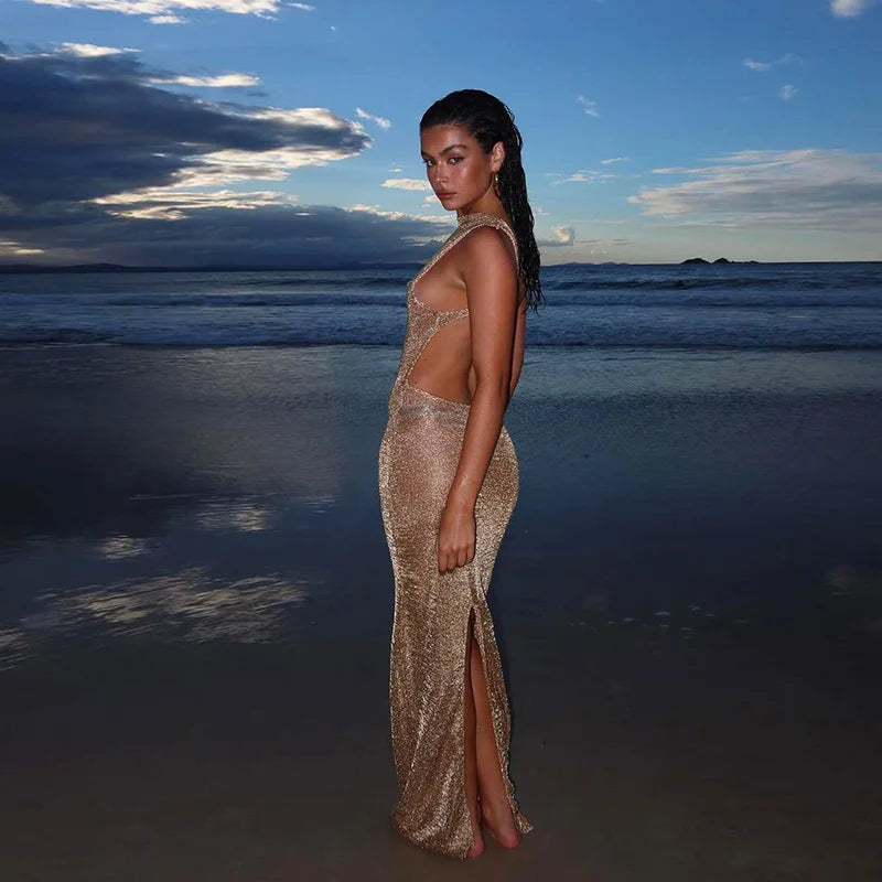 See Through Open Back Split Long Dresses Summer Woman Glitter Beach Dress Elegant Sexy Vacation Outfits