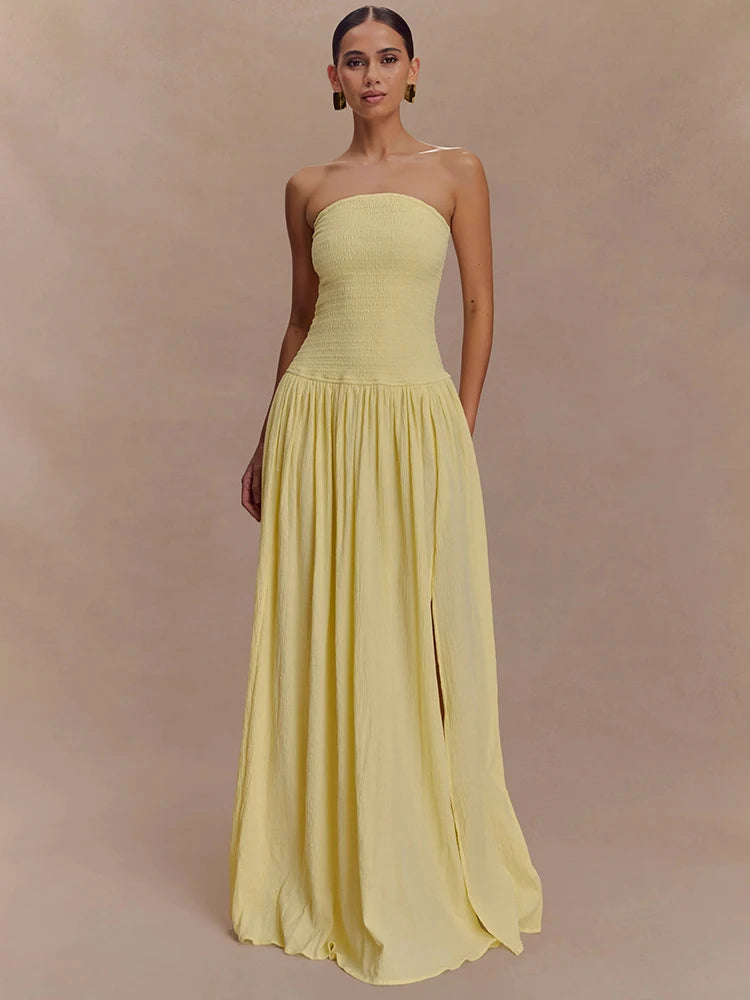 Off-shoulder Strapless Sexy Maxi Dress Women Elegant Sleeveless Backless Thigh High Split Pleated Club Party Long Dress
