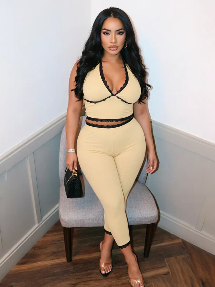 Patchwork Lace 2piece Set Women Halter Bandge Bckless v-Neck Vest+Elastic Waist Short Sexy Stretch Fashion Streetwear