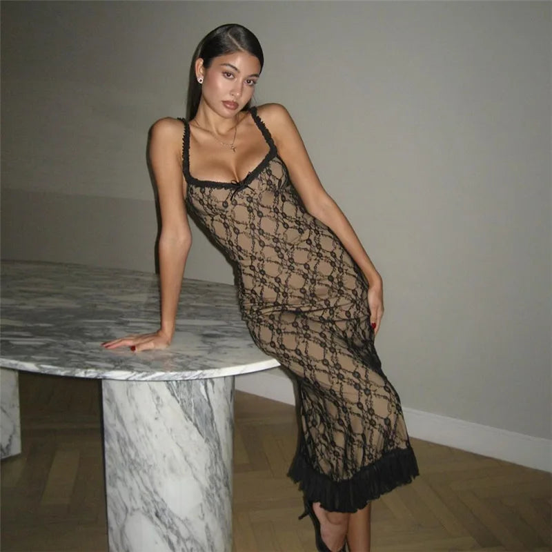 Floral Lace Black Sexy Dress for Woman Classy Spaghetti Strap Deep V Neck Bodycon Long Dresses French Style