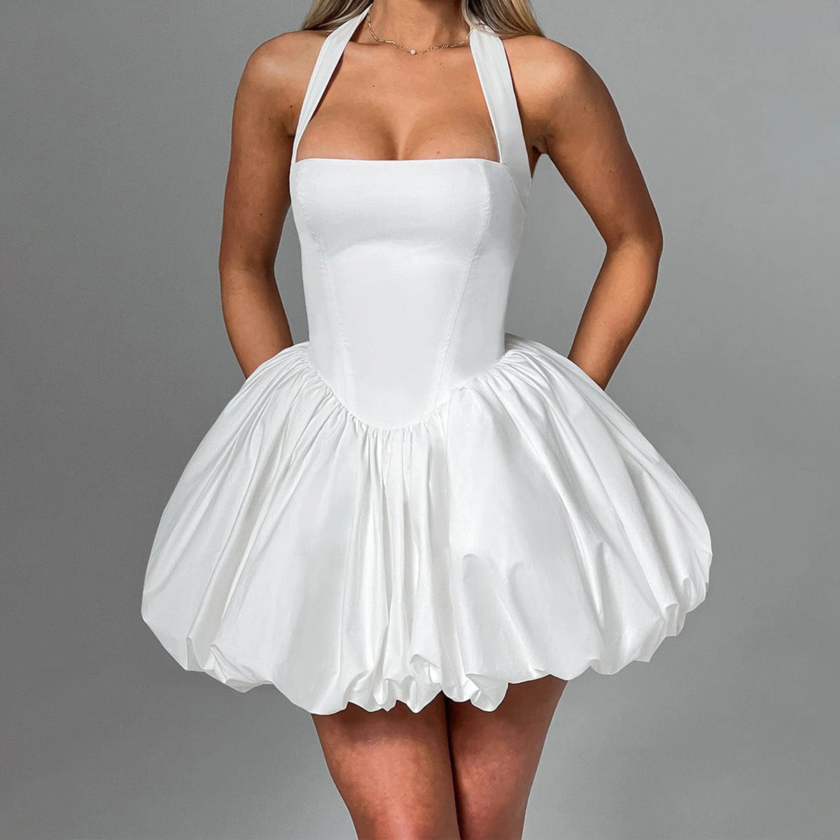 Women Fashion Cocktail Mini Dress Solid/Dots Print Halter Neck Bubble Dress Tie Up A Line Dress Sexy Corset Club Dresses