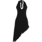 Sexy Tassel Patchwork Dress Women Fashion Halter Bandages Irregular Hem Deep V-Neck Simple Elegant Party Club Bodycon