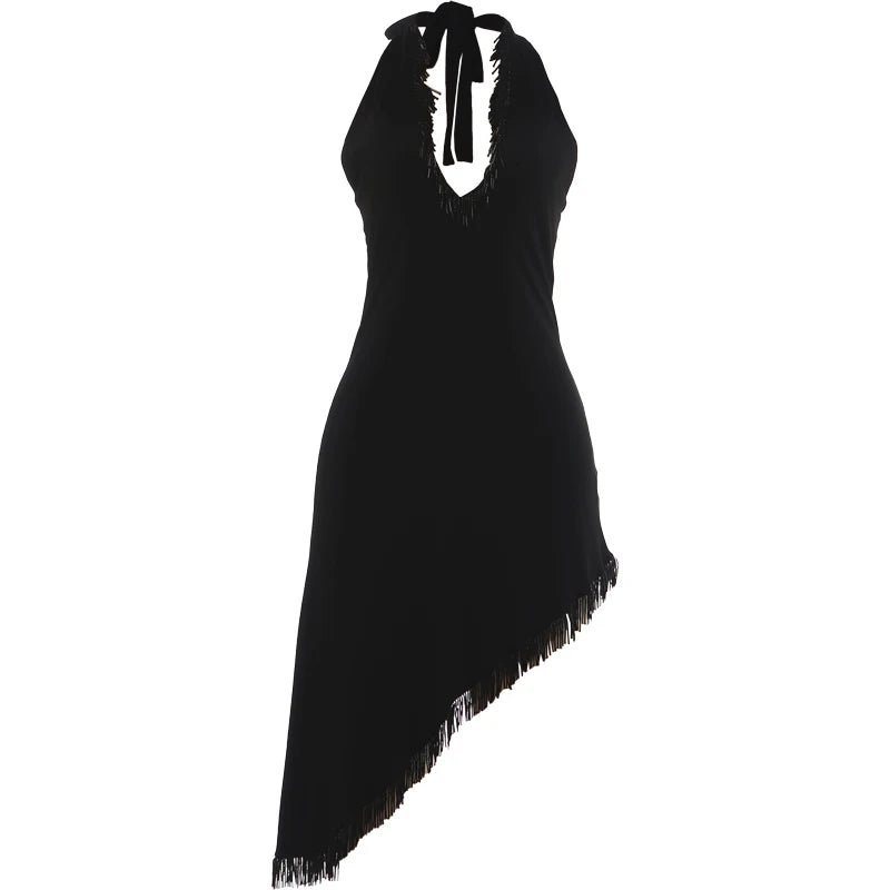 Sexy Tassel Patchwork Dress Women Fashion Halter Bandages Irregular Hem Deep V-Neck Simple Elegant Party Club Bodycon