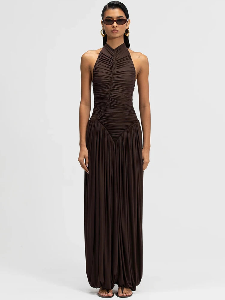 Halter Jumpsuits Women Ruched Sleeveless Backless Bodysuit Pleated Wide Leg Palazzo Pants Evening Party Flowy Overalls