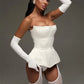 Women White Strapless Corset Top Structured Bustier Peplum Hem Waist Shaping Tube Top Night Club Party Evening Outfit