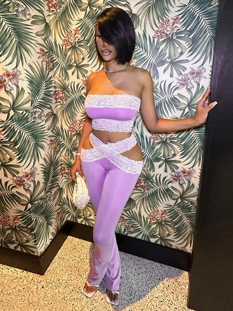 Mesh Patchwork 2 Piece Set Women Sexy Backless Strapless Tops+Cross Hollow Skinny Long Pants Hottie Wild Style Suits