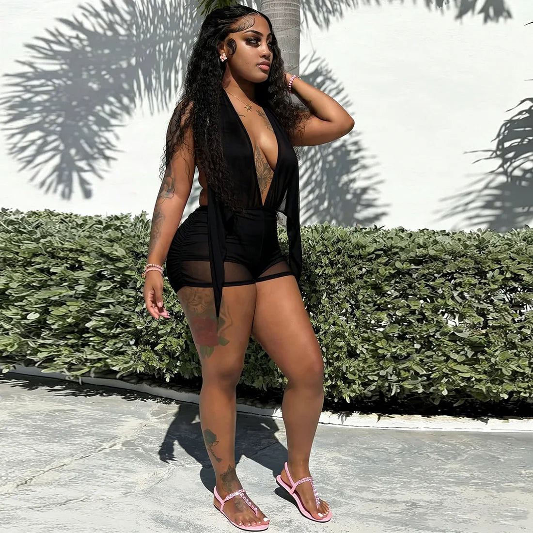 Women's Sexy Halter Neck Backless Mini Dress Solid Color Deep V Mesh Ruched Bodycon Dress Summer Beach Party Clubwear