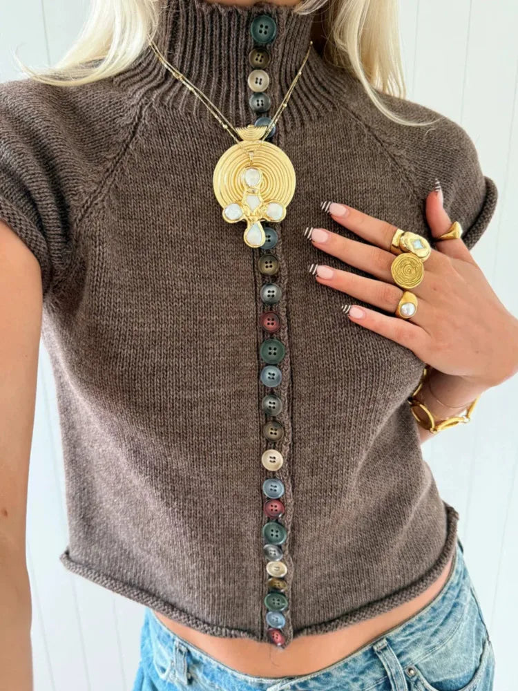 Women Turtleneck Knit Vest Colorful Button Sleeveless Sweater Top Y2K Cropped Knitwear Short Sleeve Cardigan Casual