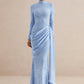 Women High Neck Long Sleeve Lace Maxi Dress Draped Sash Bodycon Mermaid Evening Party Gown Formal Wedding Guest Dress