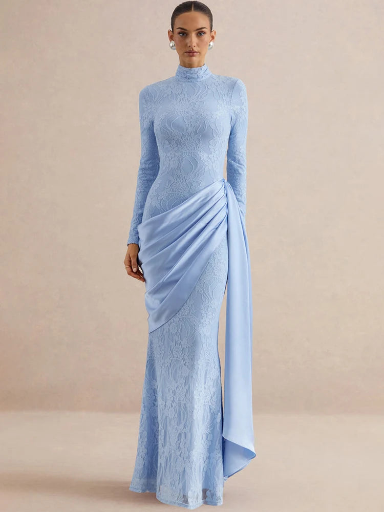 Women High Neck Long Sleeve Lace Maxi Dress Draped Sash Bodycon Mermaid Evening Party Gown Formal Wedding Guest Dress