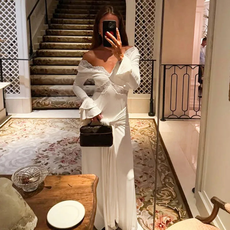 Lace Trim V Neck Flare Sleeve Long Dresses Fall Elegant Clothes for Woman Party Dress French Style