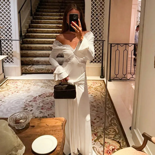 Lace Trim V Neck Flare Sleeve Long Dresses Fall Elegant Clothes for Woman Party Dress French Style