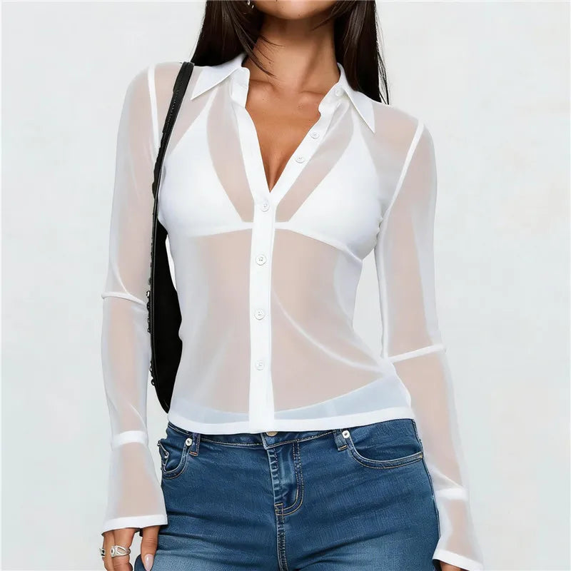 Sheer Button Down Shirts for Women See Through Mesh Long Sleeve Button Up Blouse Shirt Sexy Going Out Tops Streetwear